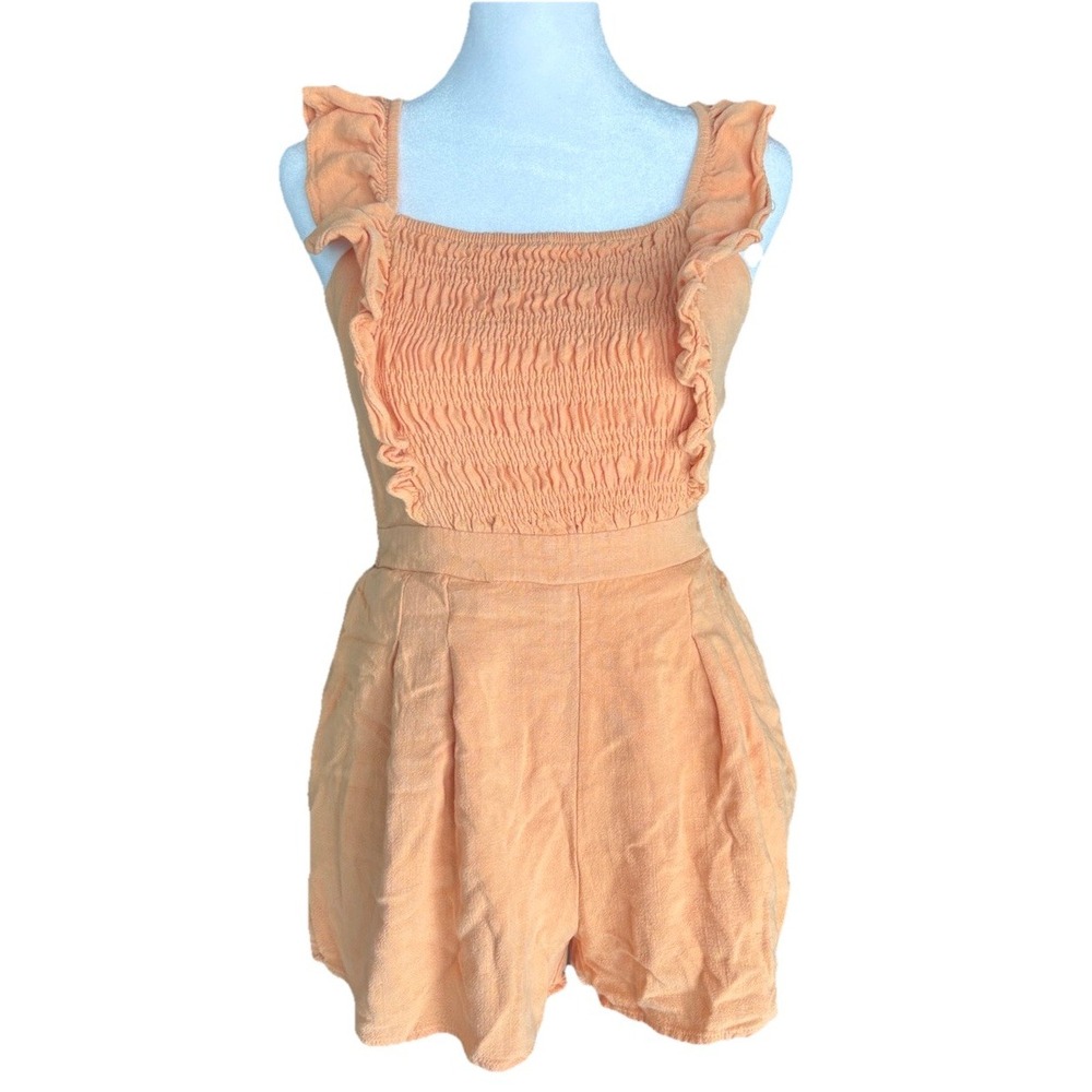 Peach Smocked Ruffle Back Tie Romper Womens Sz M Boho Hippie Summer Festival